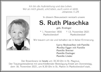 Traueranzeige von S. Ruth Plaschka von Allgäuer Zeitung, Marktoberdorf