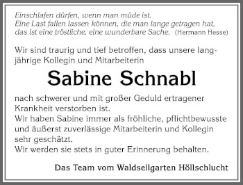 Traueranzeige von Sabine Schnabl von Allgäuer Zeitung, Füssen