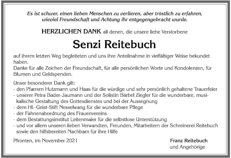 Traueranzeige für Senzi Reitebuch vom 03.11.2021 aus Allgäuer Zeitung, Füssen