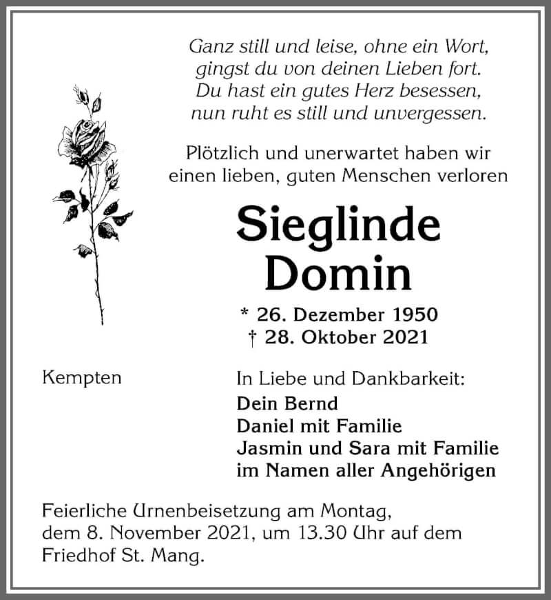  Traueranzeige für Sieglinde Domin vom 06.11.2021 aus Allgäuer Zeitung,Kempten