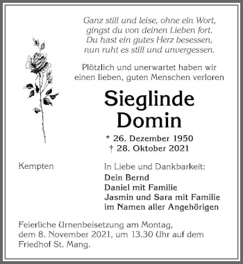 Traueranzeige von Sieglinde Domin von Allgäuer Zeitung,Kempten