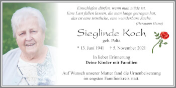 Traueranzeige von Sieglinde Koch von Allgäuer Zeitung, Marktoberdorf