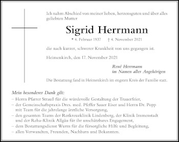 Traueranzeige von Sigrid Herrmann von Der Westallgäuer