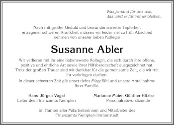 Traueranzeige von Susanne Abler von Allgäuer Zeitung,Kempten