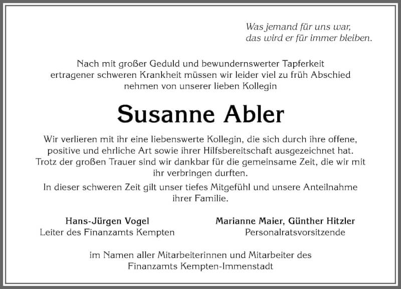  Traueranzeige für Susanne Abler vom 13.11.2021 aus Allgäuer Zeitung,Kempten