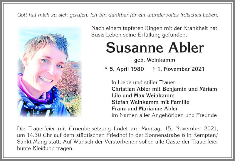  Traueranzeige für Susanne Abler vom 13.11.2021 aus Allgäuer Zeitung,Kempten