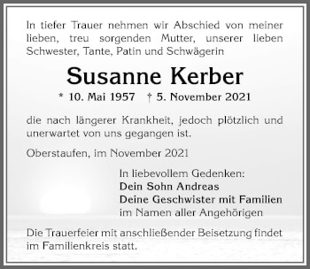 Traueranzeige von Susanne Kerber von Allgäuer Anzeigeblatt
