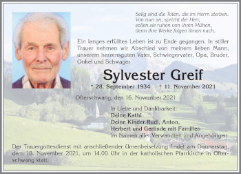 Traueranzeige von Sylvester Greif von Allgäuer Anzeigeblatt