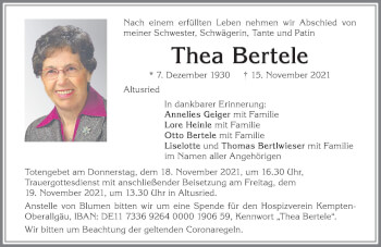 Traueranzeige von Thea Bertele von Allgäuer Zeitung,Kempten