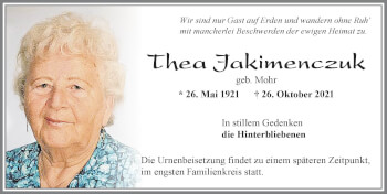 Traueranzeige von Thea Jakimenczuk von Allgäuer Zeitung, Füssen