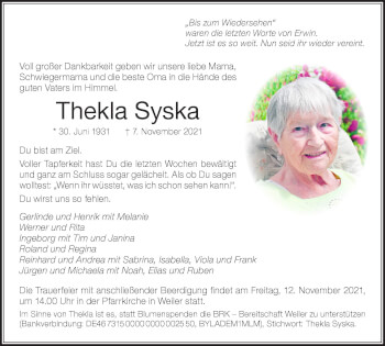 Traueranzeige von Thekla Syska von Der Westallgäuer