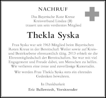 Traueranzeige von Thekla Syska von Der Westallgäuer