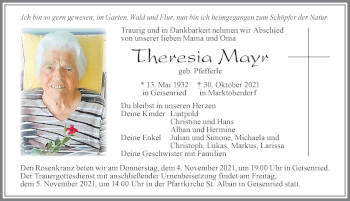 Traueranzeige von Theresia Mayr von Allgäuer Zeitung, Marktoberdorf