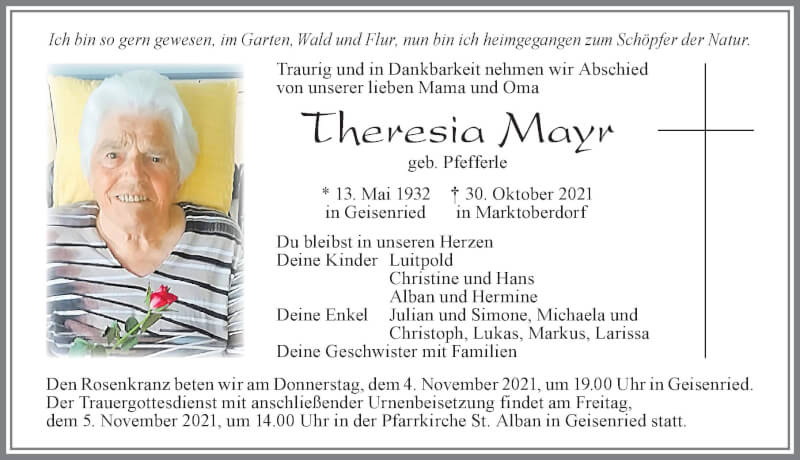  Traueranzeige für Theresia Mayr vom 03.11.2021 aus Allgäuer Zeitung, Marktoberdorf
