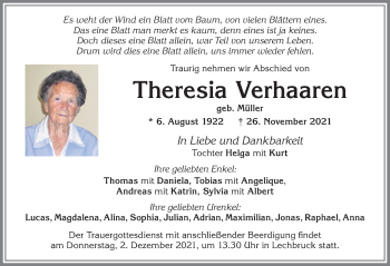 Traueranzeige von Theresia Verhaaren von Allgäuer Zeitung, Füssen