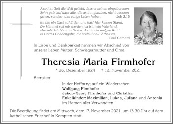 Traueranzeige von Theresia Maria Firmhofer von Allgäuer Zeitung,Kempten