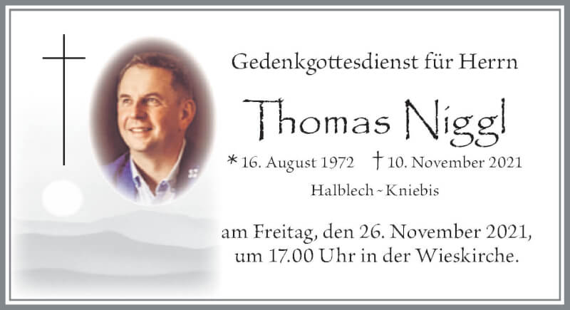  Traueranzeige für Thomas Niggl vom 24.11.2021 aus Allgäuer Zeitung, Füssen