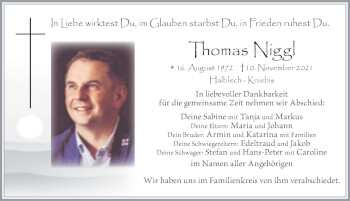 Traueranzeige von Thomas Niggl von Allgäuer Zeitung, Füssen