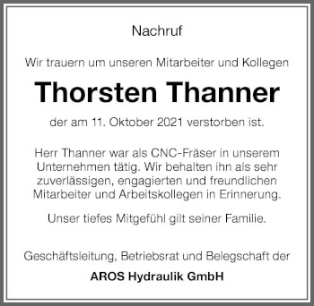 Traueranzeige von Thorsten Thanner von Memminger Zeitung