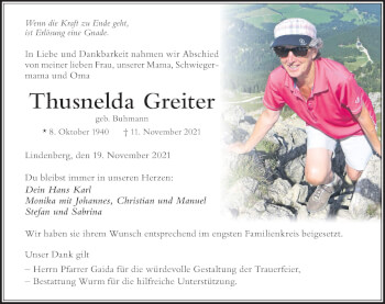 Traueranzeige von Thusnelda Greiter von Der Westallgäuer