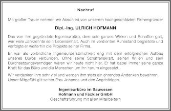 Traueranzeige von Ulrich Hofmann von Memminger Zeitung