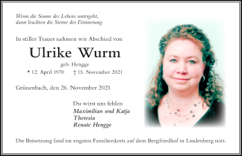 Traueranzeige von Ulrike Wurm von Der Westallgäuer