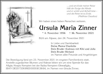 Traueranzeige von Ursula Maria Zinner von Allgäuer Anzeigeblatt