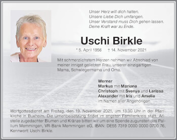 Traueranzeige von Uschi Birkle von Memminger Zeitung