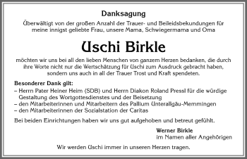 Traueranzeige von Uschi Birkle von Memminger Zeitung