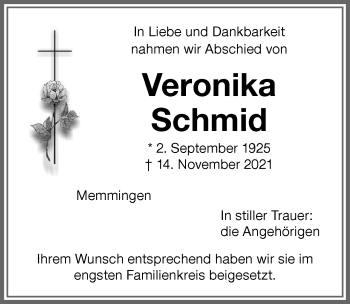 Traueranzeige von Veronika Schmid von Memminger Zeitung