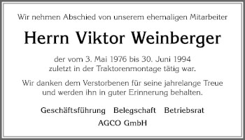 Traueranzeige von Viktor Weinberger von Allgäuer Zeitung, Marktoberdorf