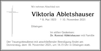 Traueranzeige von Viktoria Abletshauser von Allgäuer Zeitung, Kaufbeuren/Buchloe