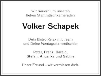 Traueranzeige von Volker Schapek von Allgäuer Anzeigeblatt