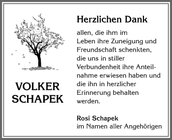 Traueranzeige von Volker Schapek von Allgäuer Anzeigeblatt