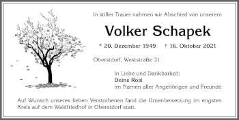 Traueranzeige von Volker Schapek von Allgäuer Anzeigeblatt