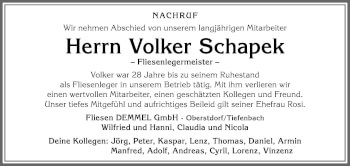 Traueranzeige von Volker Schapek von Allgäuer Anzeigeblatt