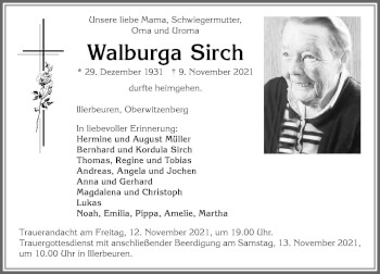 Traueranzeige von Walburga Sirch von Memminger Zeitung