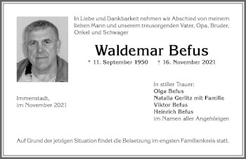 Traueranzeige von Waldemar Befus von Allgäuer Anzeigeblatt
