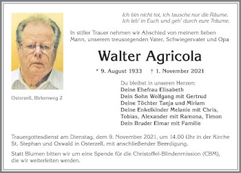 Traueranzeige von Walter Agricola von Allgäuer Zeitung, Kaufbeuren/Buchloe