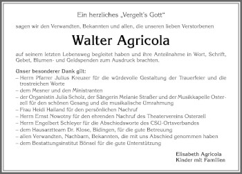 Traueranzeige von Walter Agricola von Allgäuer Zeitung, Kaufbeuren/Buchloe