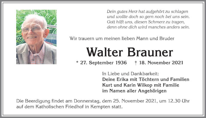  Traueranzeige für Walter Brauner vom 23.11.2021 aus Allgäuer Zeitung,Kempten