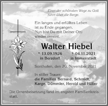 Traueranzeige von Walter Hiebel von Allgäuer Anzeigeblatt