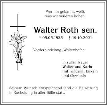 Traueranzeige von Walter Roth von Allgäuer Anzeigeblatt