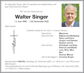 Traueranzeige von Walter Singer von Memminger Zeitung