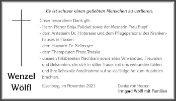 Traueranzeige von Wenzel Wölfl von Allgäuer Zeitung, Füssen