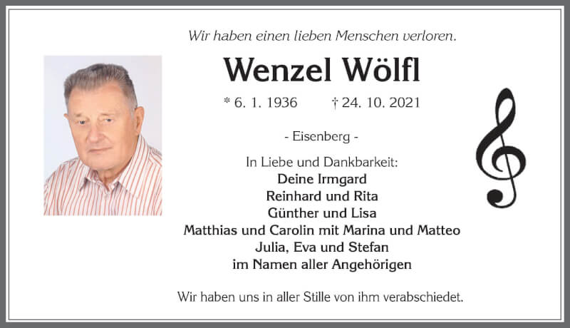  Traueranzeige für Wenzel Wölfl vom 06.11.2021 aus Allgäuer Zeitung, Füssen