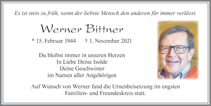  Traueranzeige für Werner Bittner vom 20.11.2021 aus Allgäuer Zeitung, Marktoberdorf