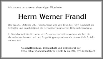 Traueranzeige von Werner Frandl von Allgäuer Zeitung, Füssen
