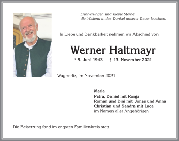 Traueranzeige von Werner Haltmayr von Allgäuer Anzeigeblatt