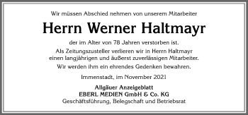 Traueranzeige von Werner Haltmayr von Allgäuer Anzeigeblatt